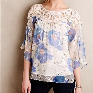 Crochet Yoke Floral Chiffon Blouse - Blue/White